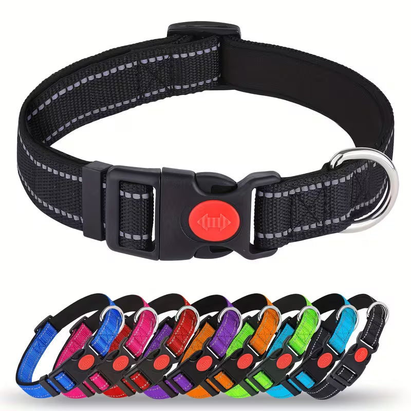 Reflective Dog Collar with Safety Buckle – Adjustable Soft Neoprene Padded Breathable Nylon for Small, Medium & Large Dogs