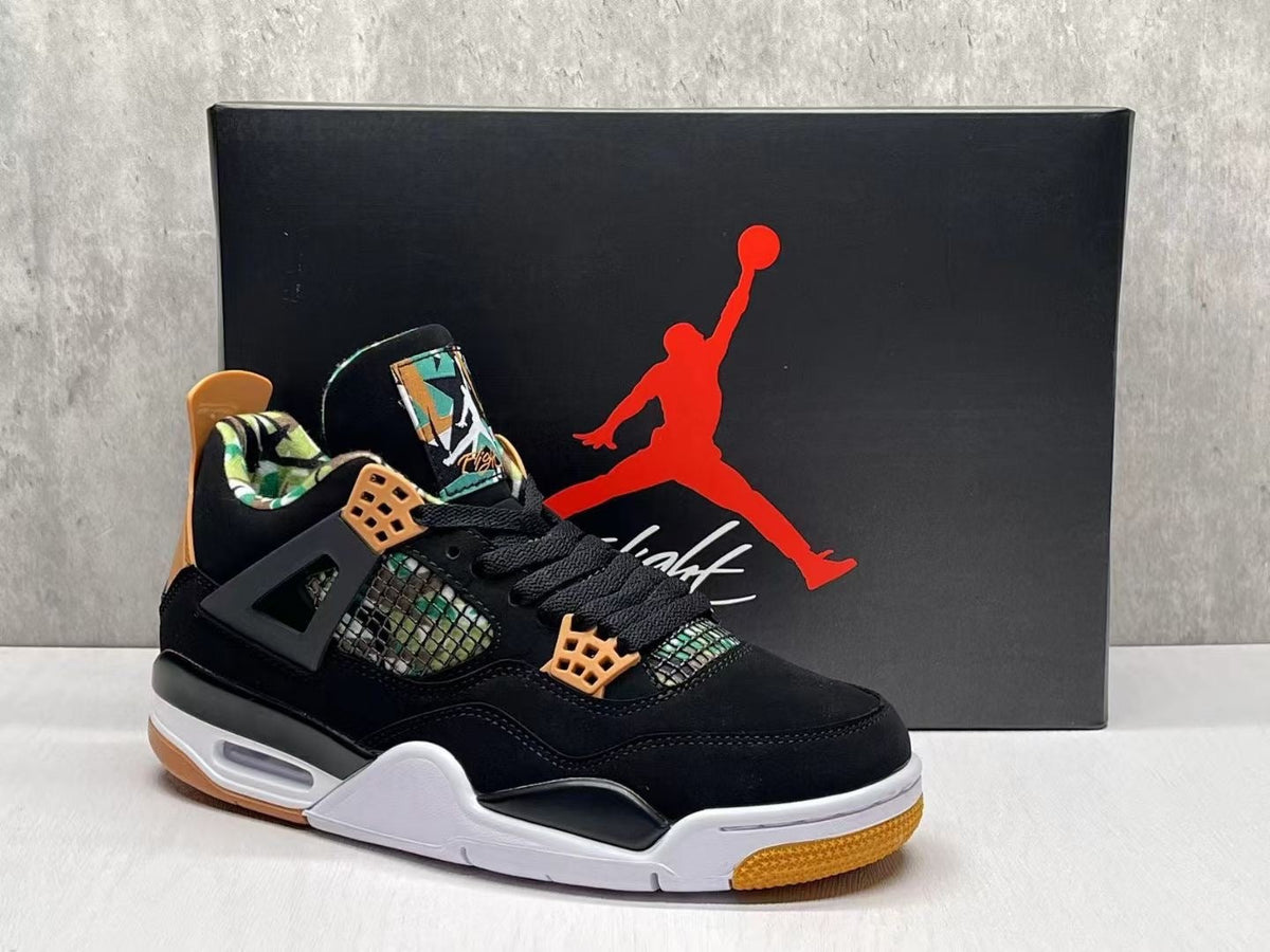 Jordan 4 Retro Sneakers in Black, Green and Tan