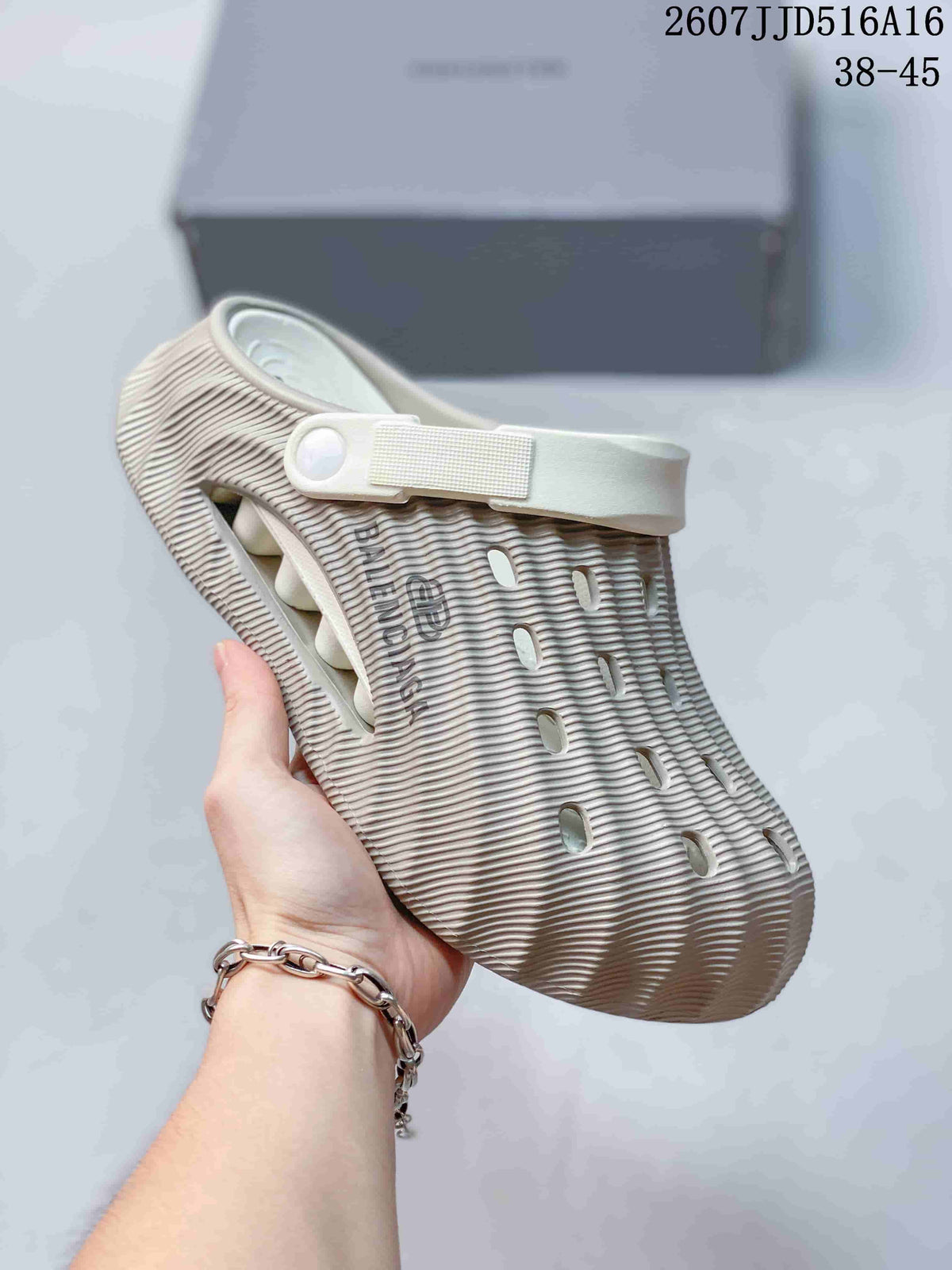 Balenciaga Logo Clog Sandals in Off-White with Brown Strap
