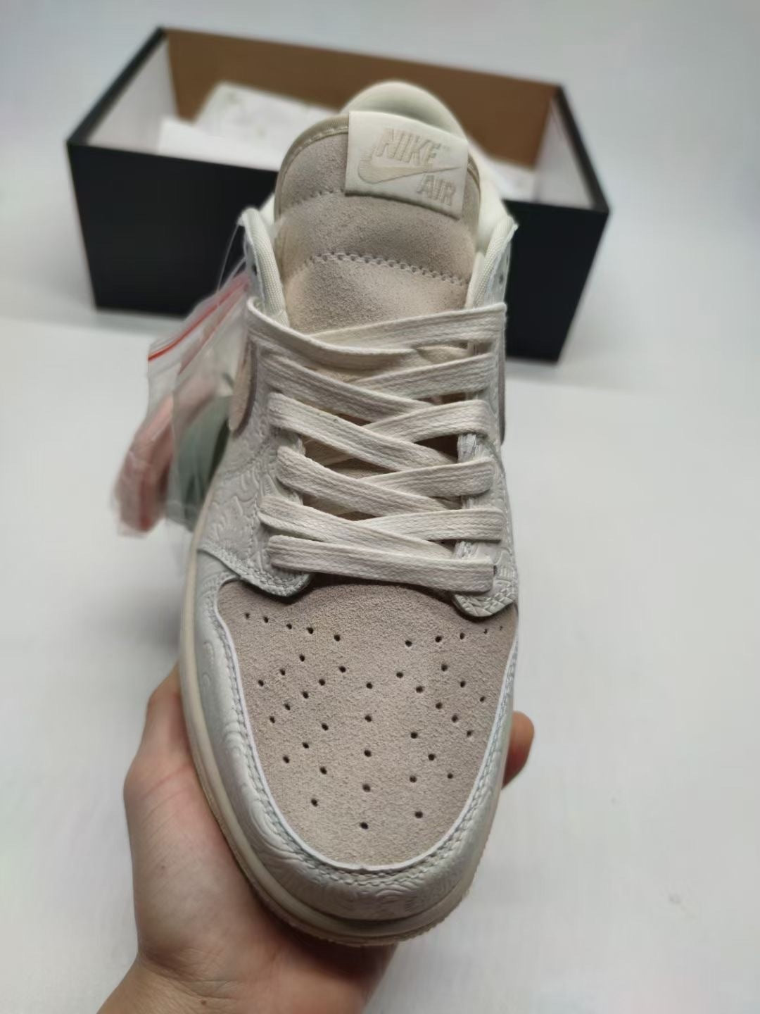 Jordan 1 Low Paisley Embossed Sneakers in Cream and Taupe