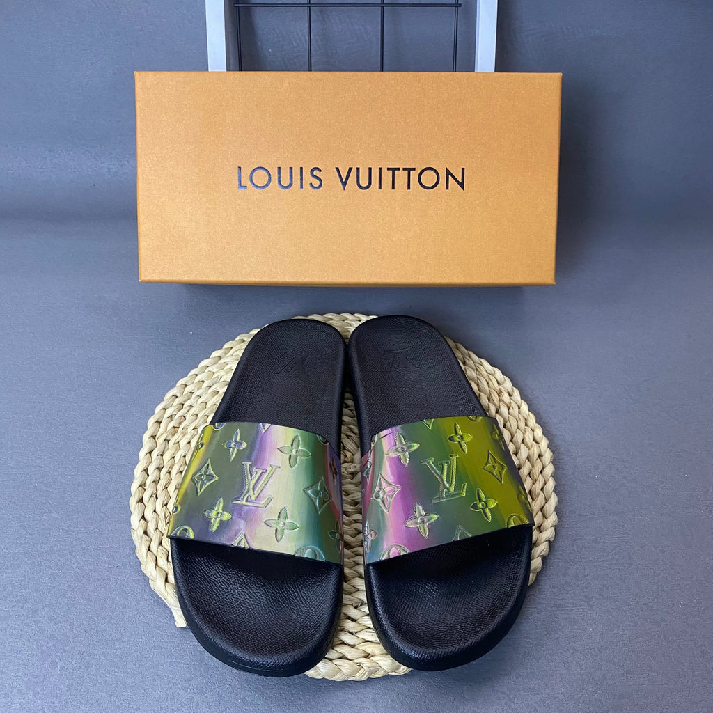 Louis Vuitton Monogram Slide Sandals with Black Footbed