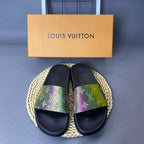 Louis Vuitton Monogram Slide Sandals with Black Footbed