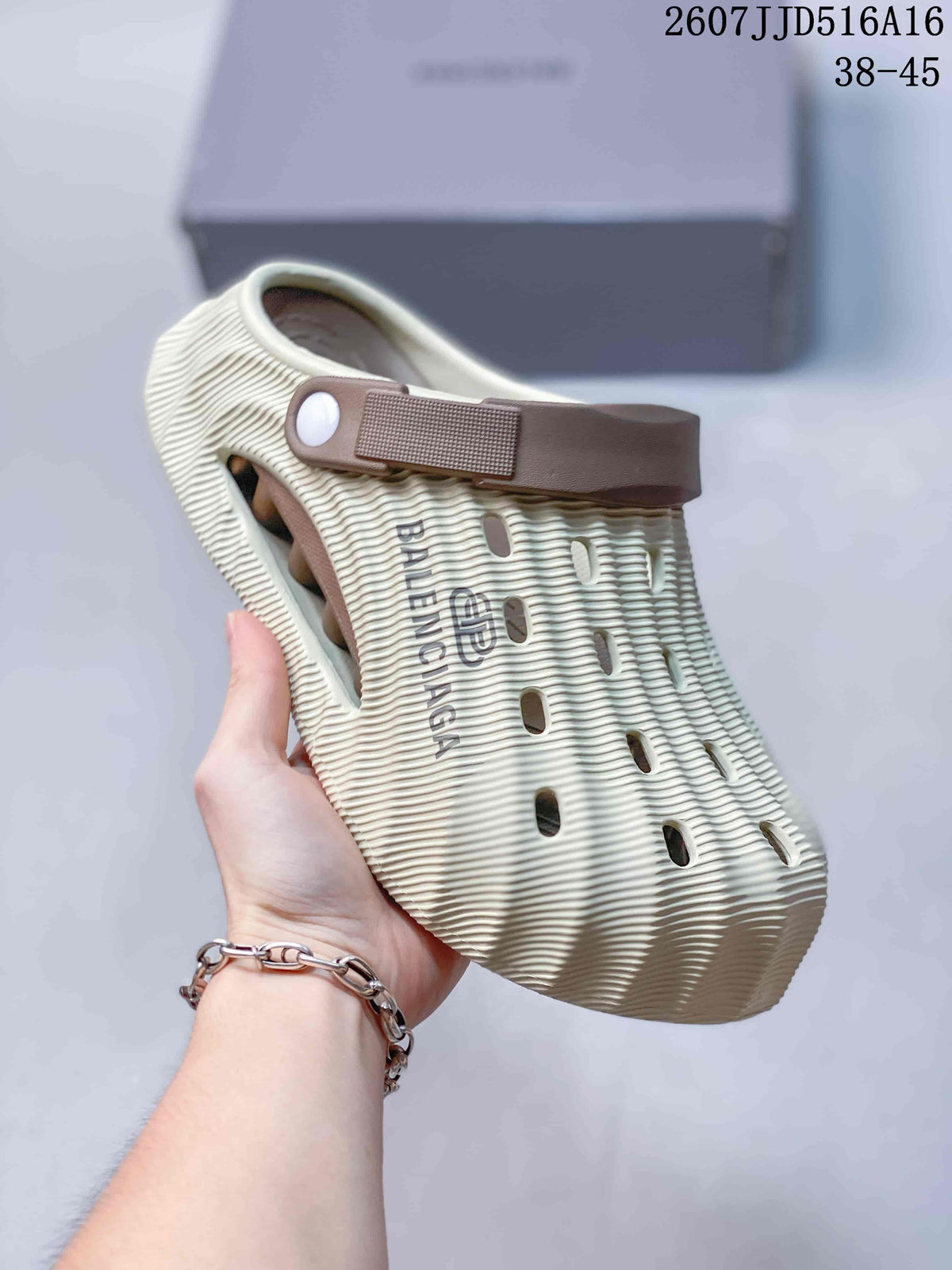 Balenciaga Logo Clog Sandals in Off-White with Brown Strap