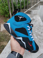 Jordan 7 High-Top Sneakers in Blue, Black and Red