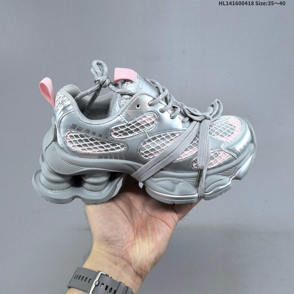 Chunky Platform Sneakers in Silver and White with Mesh Panels