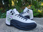 Jordan 12 White and Black Floral High-Top Sneakers