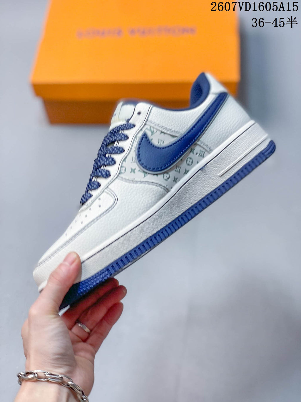 Nike Air Force 1 White Blue Monogram Sneakers 2607VD1605A15