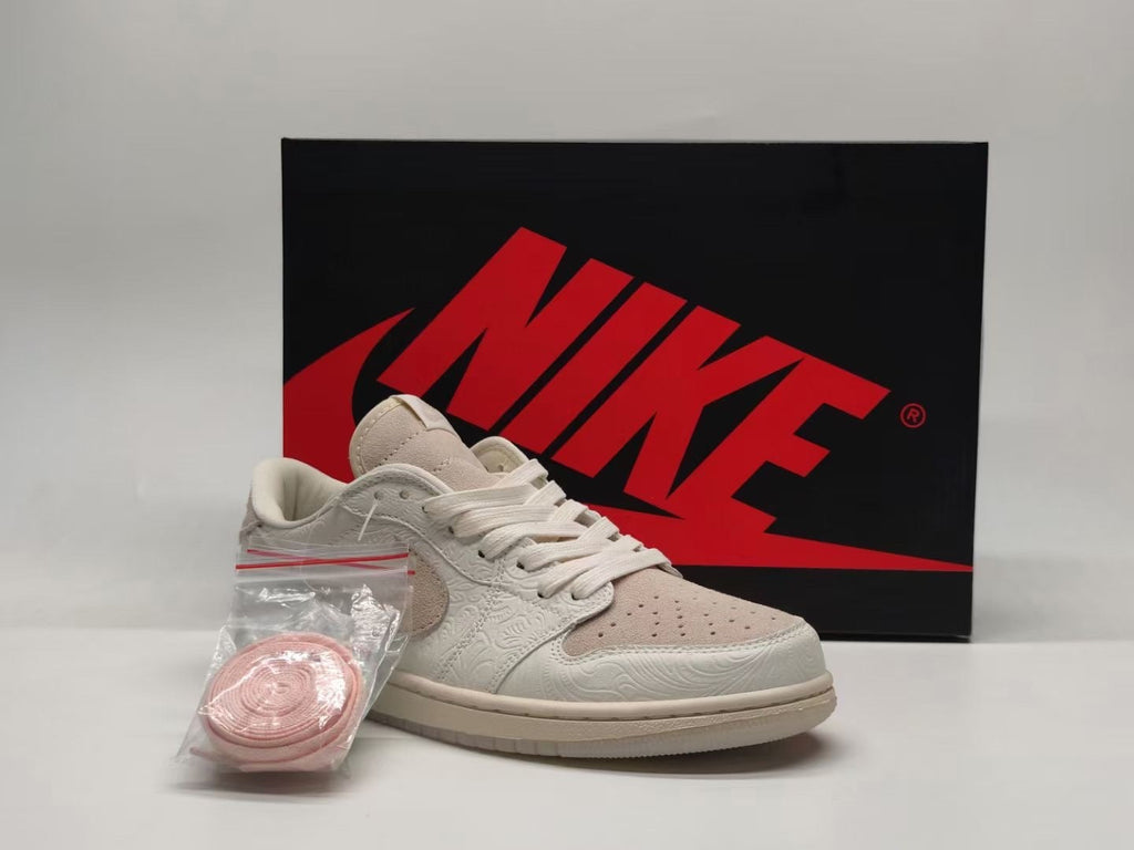 Jordan 1 Low Paisley Embossed Sneakers in Cream and Taupe