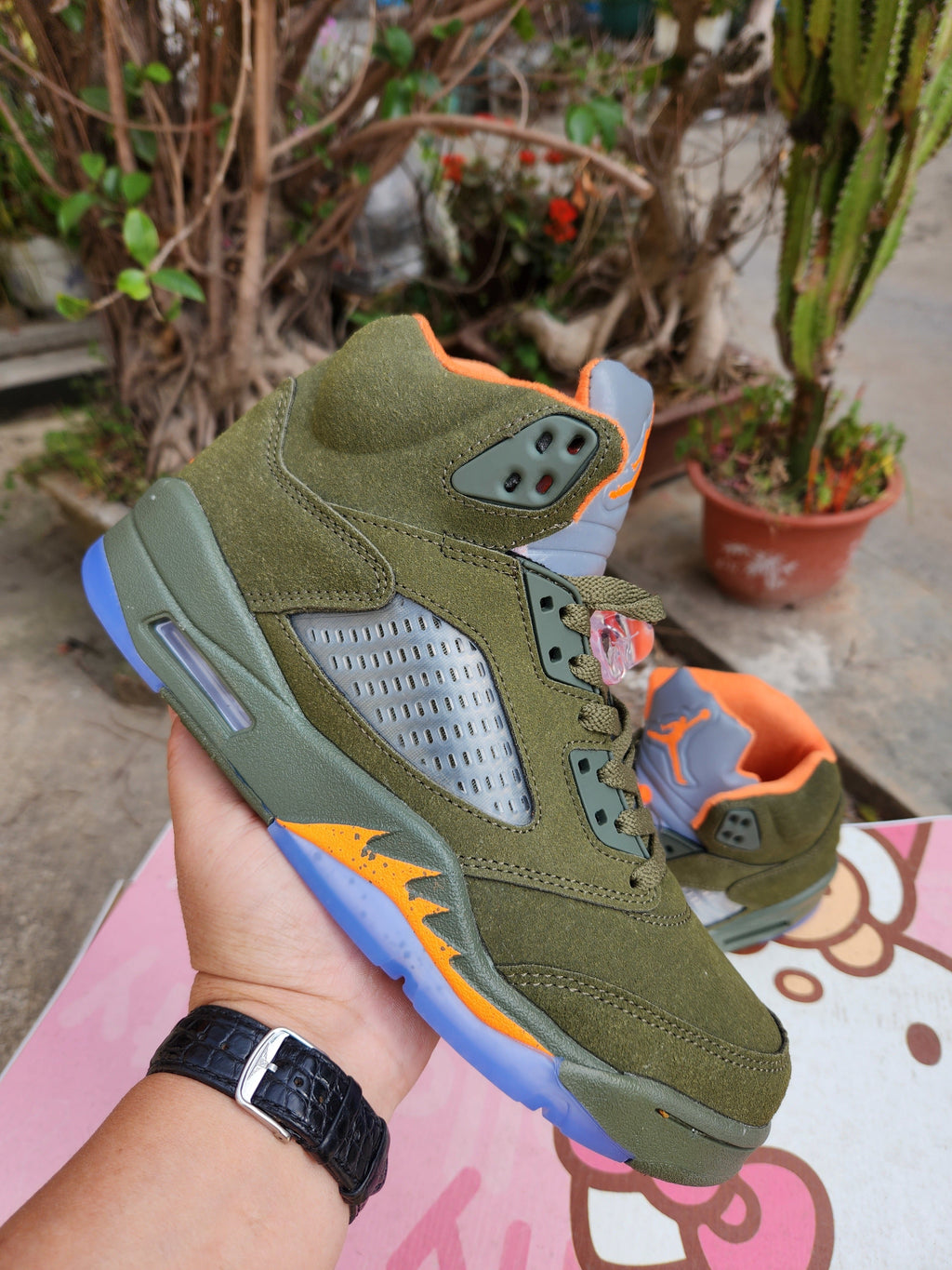 Jordan 5 Olive Green and Orange High-Top Sneakers