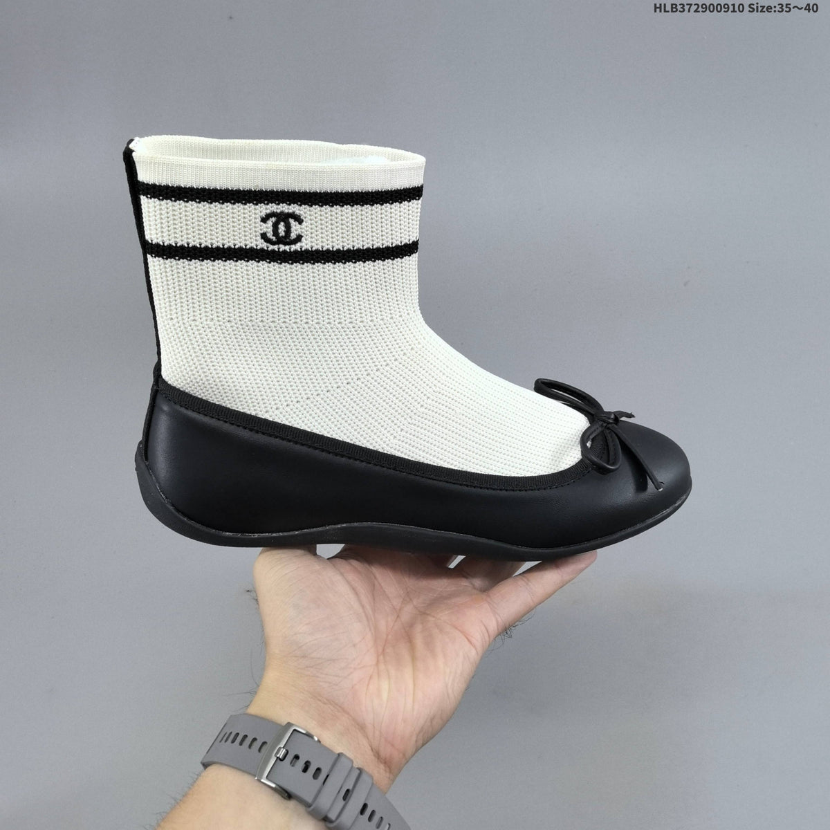 Chanel Sock Ballet Flats with Bow, Black and White