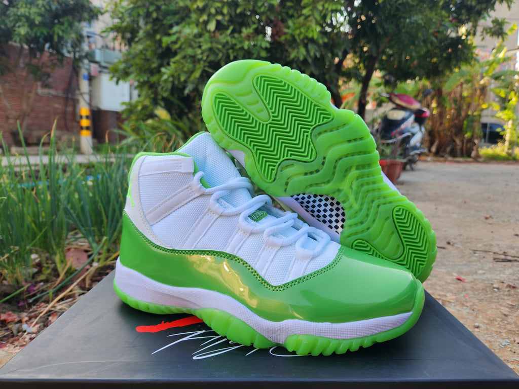 Jordan 11 White and Apple Green High-Top Sneakers