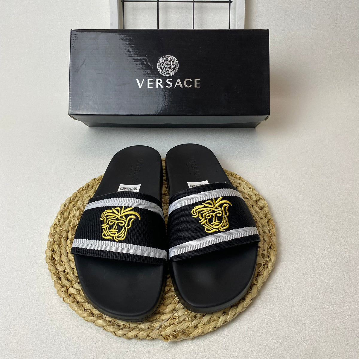 Versace Medusa Slide Sandals with Greek Key Detail
