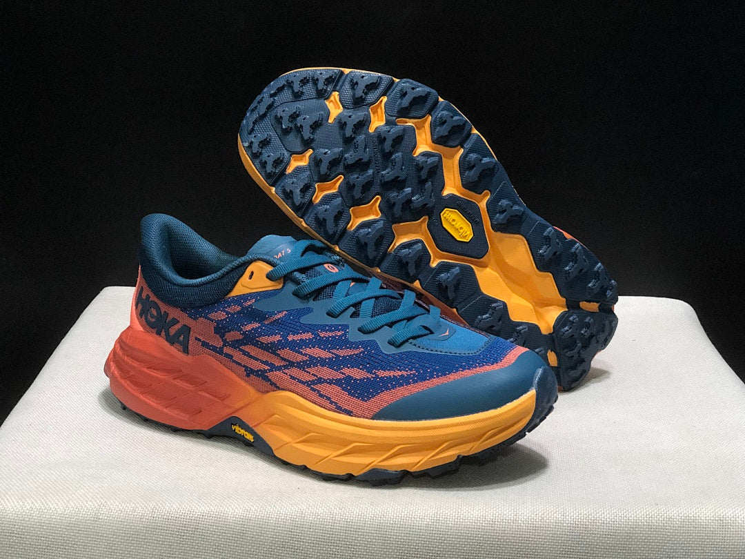 HOKA Speedgoat 5 Trail Running Shoes, Blue and Orange