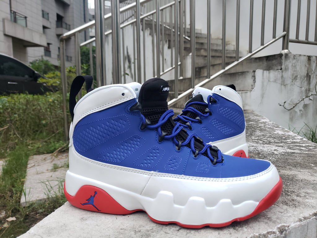 Jordan 9 High-Top Sneakers in Blue, White and Red
