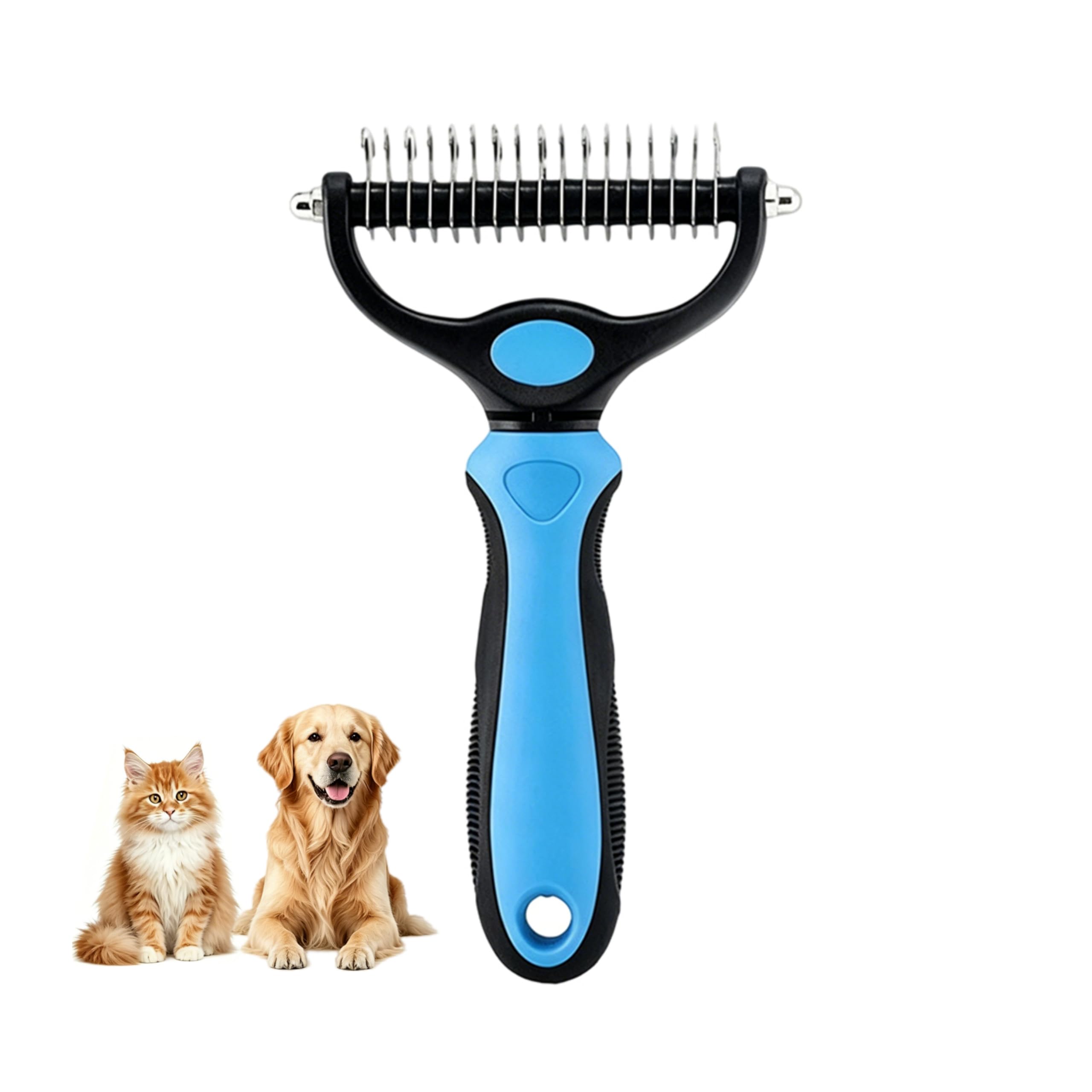 Dematting Comb & Undercoat Rake for Dogs and Cats – Long Hair Deshedding Brush, Removes Tangles, Knots & Loose Fur for Thick Coats (Blue, Size L)
