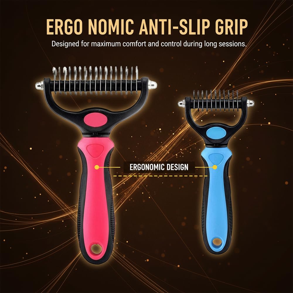 Dematting Comb & Undercoat Rake for Dogs and Cats – Long Hair Deshedding Brush, Removes Tangles, Knots & Loose Fur for Thick Coats (Blue, Size L)