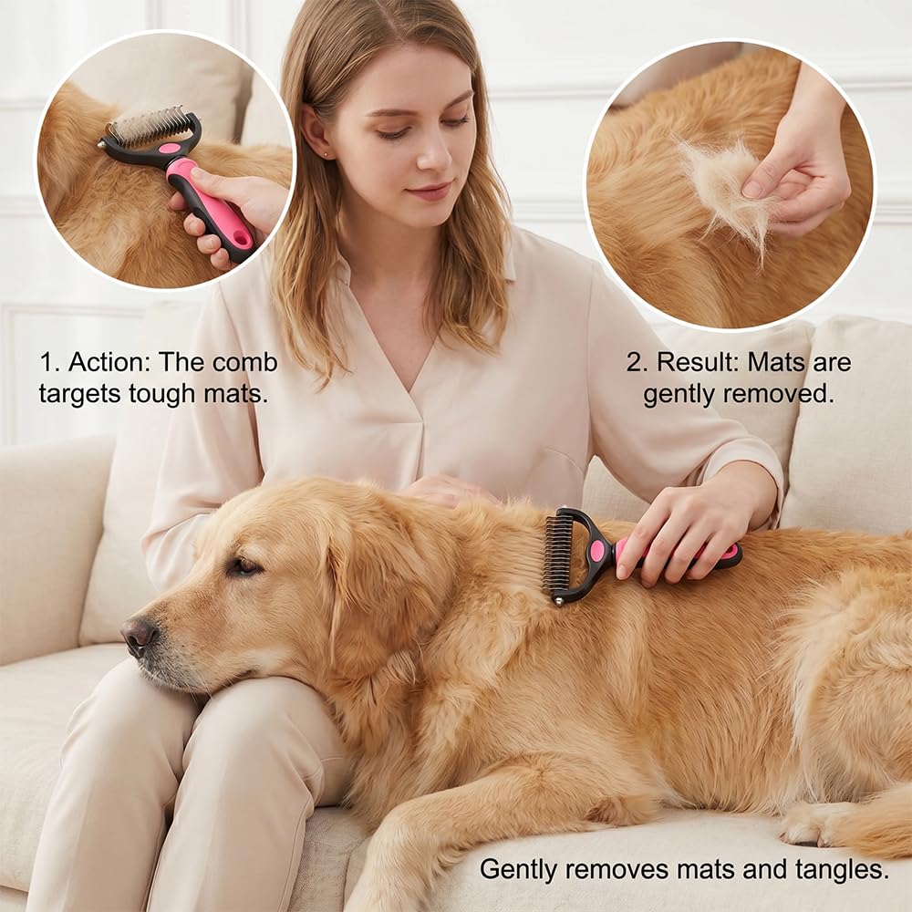Dematting Comb & Undercoat Rake for Dogs and Cats – Long Hair Deshedding Brush, Removes Tangles, Knots & Loose Fur for Thick Coats (Blue, Size L)