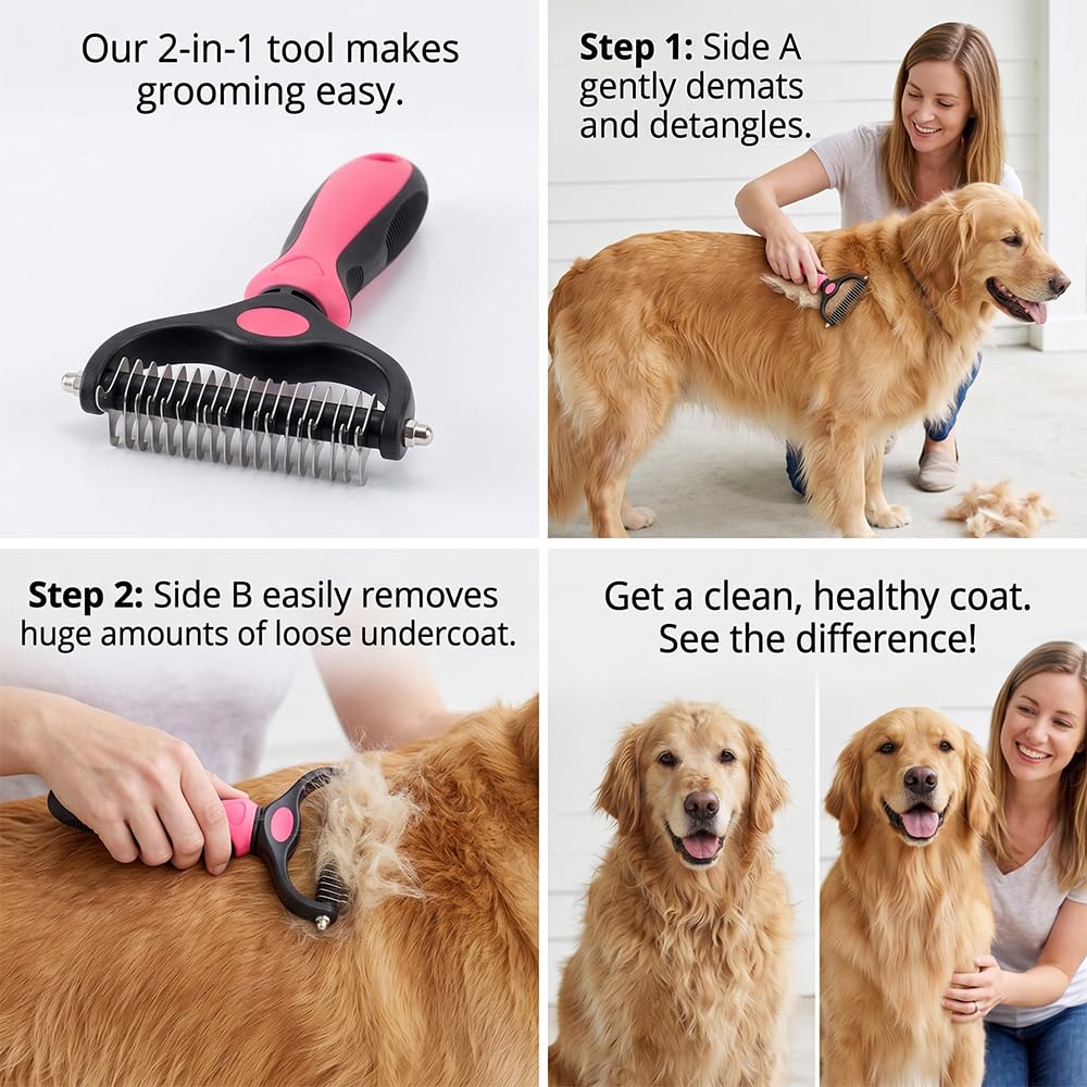 Dematting Comb & Undercoat Rake for Dogs and Cats – Long Hair Deshedding Brush, Removes Tangles, Knots & Loose Fur for Thick Coats (Blue, Size L)